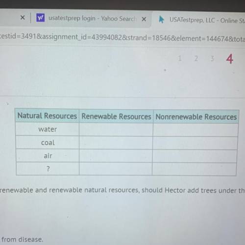 To fill out the chart on nonrenewable and renewable natural resources, should Hector add trees unde