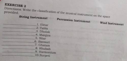 EXERCISE 2

Directions Write the classification of the musical instrument on the spaceprovidedStri