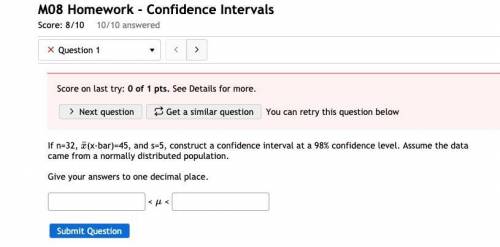 If n=32, (x-bar)=45, and s=5, construct a confidence interval at a 98% confidence level. Assume the