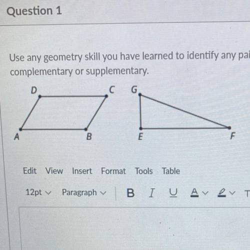 Use any geometry skill you have learned to identify any pairs of angles in these figures that are