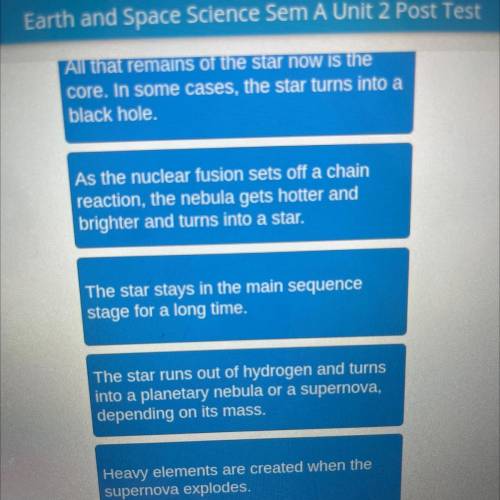 The last blue box says “the temperature increases in the center of a nebula, and nuclei begin to fu