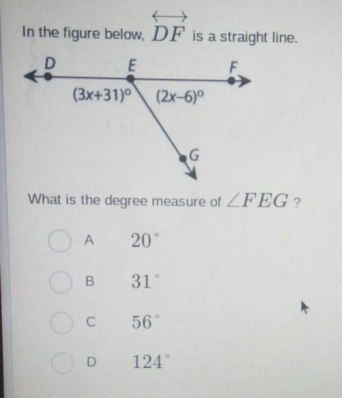 In the figure below, DF is a straight line. What is the degree measure of <FEG?​