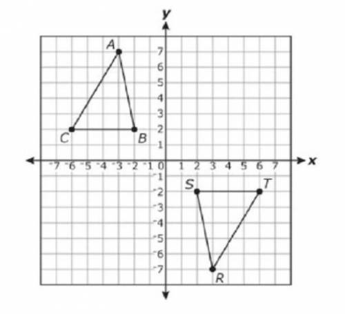Two congruent triangles, ΔABC and ΔRST, are shown below.

Describe a sequence of transformations t