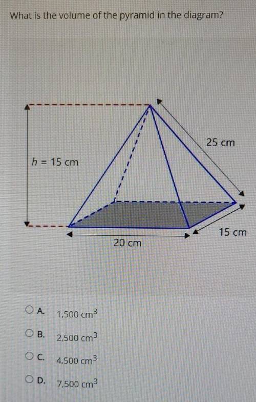 What is the volume of the pyramid in the diagram? 25 cm h = 15 cm 15 cm 20 cm OA. 1,500 cm3 OB. 2,5