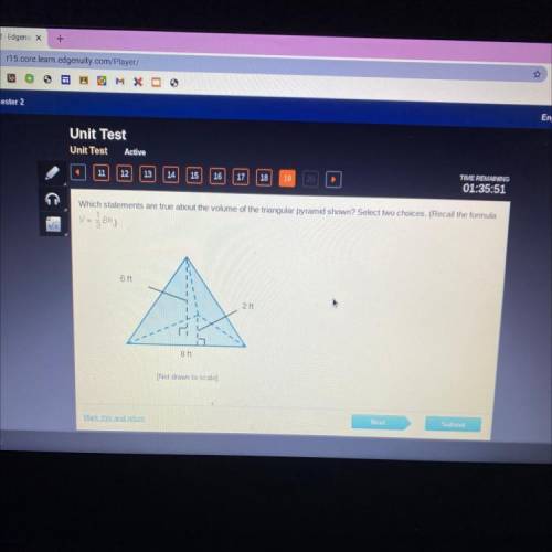 Which statements are true about the volume of the triangle pyramid shown? Select two choices. The v