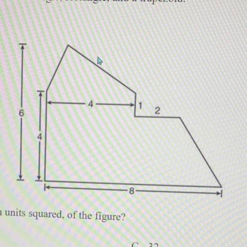 The figure is made of a triangle, rectangle, and a trapezoid.

What is the area, in units squared,
