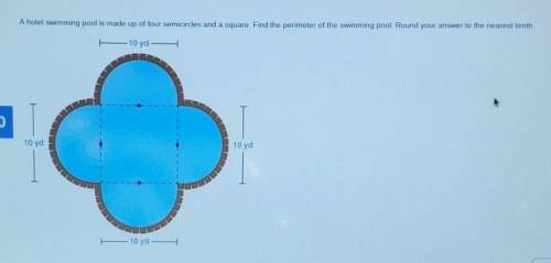 A hotel swimming pool is made up of four semicircles and a square. Find the perimeter of the swimmi