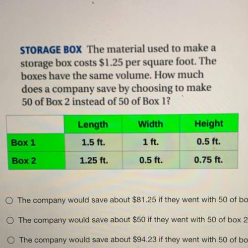 The material used to make a storage box costs 1.25 per square foo