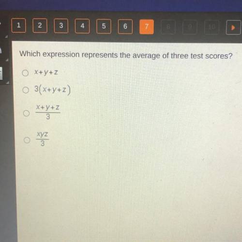 Which expression represents the average of three test scores?