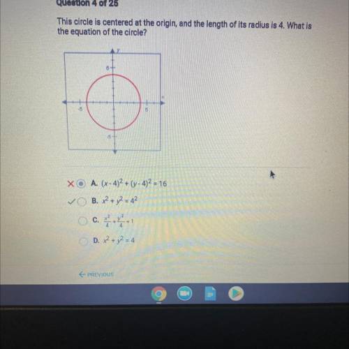 This circle is centered the origin, and the length of its radius is 4. What is

the equation of th