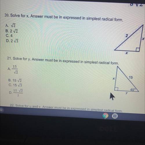 Solve for y. Answer must be in expressed in simplest radical form 2 x x