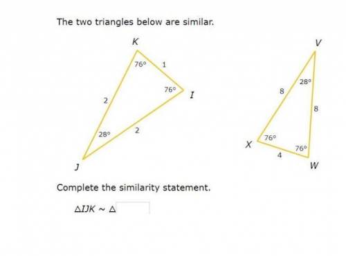 Geometry help please. Complete the similarity statement, in the box below, of these two triangles.