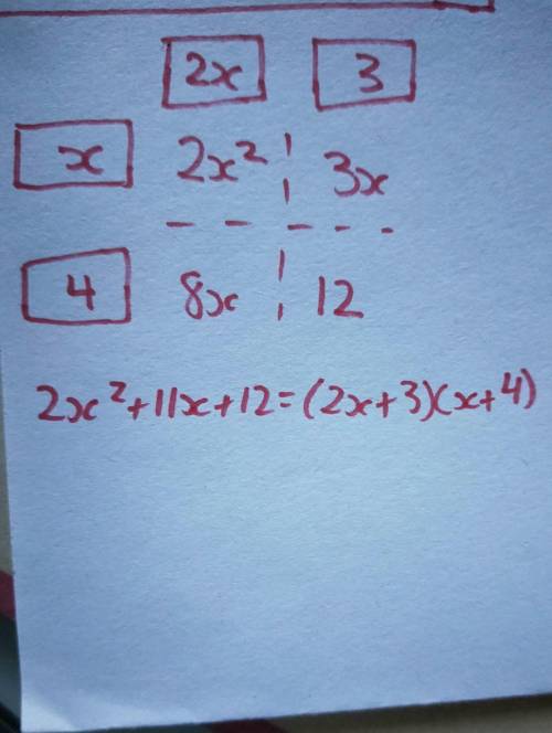 1

Factorise 2x2 + 11x + 12. You can use the grid to help.
2x
3x
8x
1
12
2x2 + 11x + 12 =