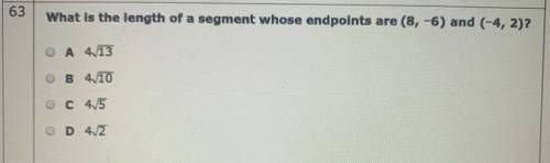 What’s the length of a segment whose endpoints are (8,-6) and (-4,2)?