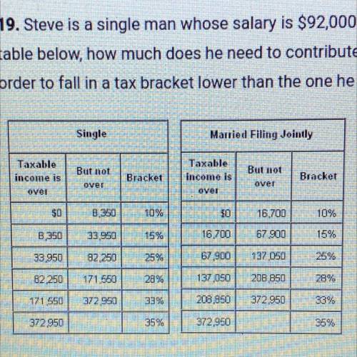 19. Steve is a single man whose salary is $92,000 per year. Based on the tax

table below, how muc