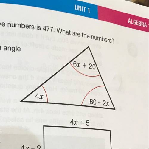 Find x and the size of each angle
in this triangle.
6x + 20
4.2
80 - 2.0