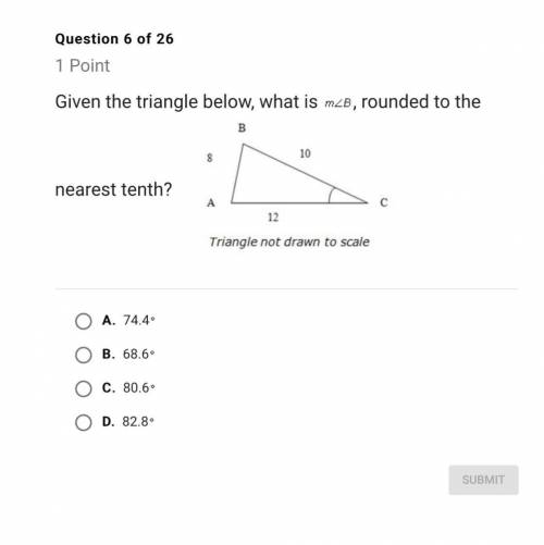 Given the triangle below, what is m angle A, rounded to nearest tenth.