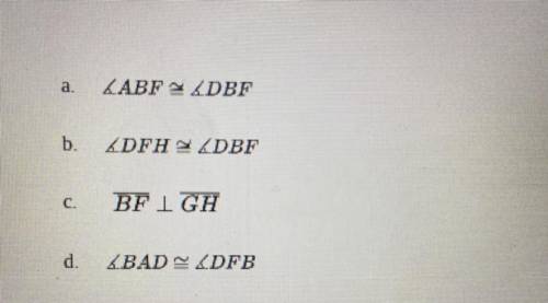 In circle E, GH is a tangent, diameter FB and chords FD, BD, AB, and AD. Which of the statements is