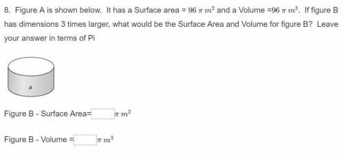 Figure A is shown below. It has a Surface area = 96 π m2 and a Volume =96 π m3. If figure B has dim