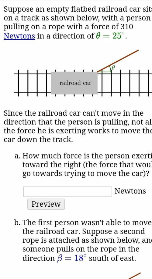 Suppose an empty flatbed railroad car sits on a track as shown below, with a person pulling on a ro