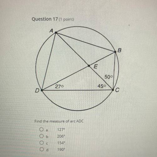 HELP ASAP PLS!! Find the measure of arc ADC
127
206
154°
190°