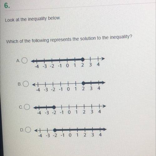 Look at the inequality below.

Which of the following represents the solution to the inequality?
A