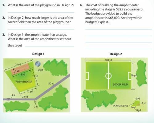 1. What is the area of the playground in Design 2?

2. In Design 2, how much larger is the area of