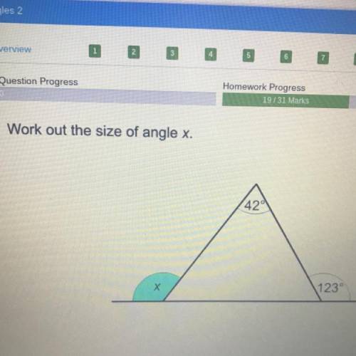 Please help!? Work out the size of angle x. 42 degrees and 123 degrees?
