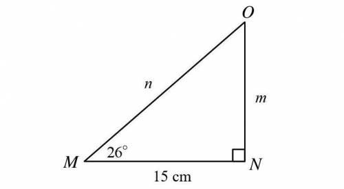 Solve ΔMNO Your answer should include the length of m and n and the measure of angle O.

Include a