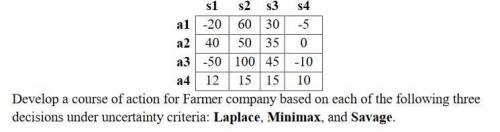 For the upcoming planting season, Farmer company can plant corn (a1),

wheat (a2), or soybeans (a3