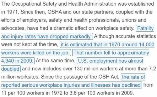 Read the excerpt from an article about the history of OSHA to answer the question.

Select the thr