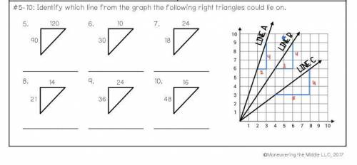 Identify which line from the graph from the following right triangles could lie on