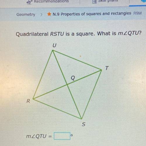 Quadrilateral RSTU is a square. What is m∠QTU?
Pls help.
