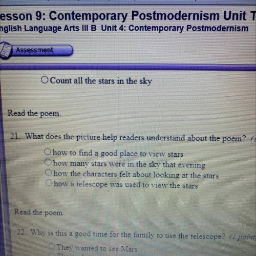 Contemporary postmodernism unit test

What does the picture help readers understand about the poem