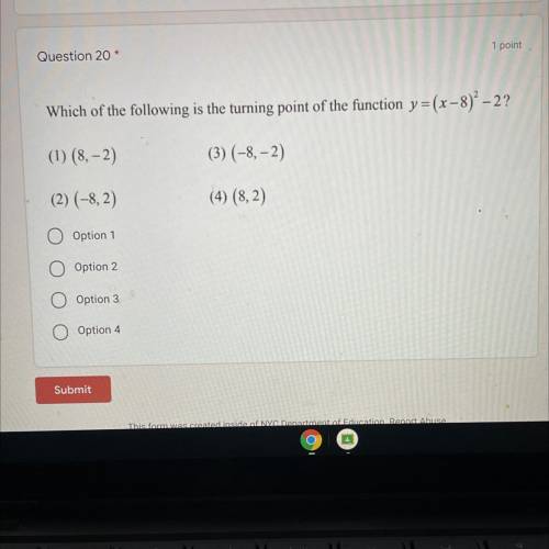 Which of the following is the turning point of the function y= (x - 8)2 - 2