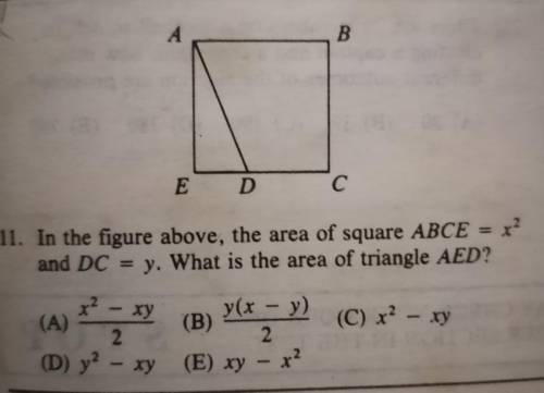 In the figure above, the area of square ABCE=x^2 and DC=y. What is the area of triangle AED?