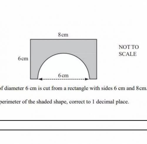 A semi circle of diameter 6cm is cut from rectangle with sides 6cm and 8cm.

Calculate the perimet