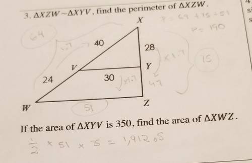 If the area of XYV is 350, find the area of XWZ. ​