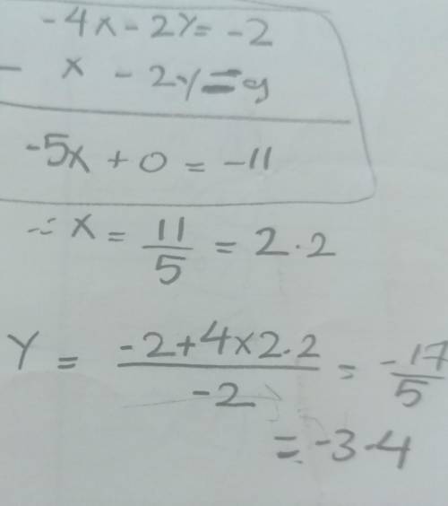 What is the result of subtracting the second equation from the first? 
-4x-2y=-2
x-2y=9