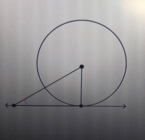 Question 2 1 pts In the following image, the line is tangent to the circle. If the purple angle out
