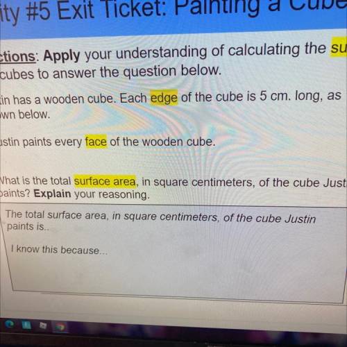 The total surface area in square centimeters of the cube Justin paints is