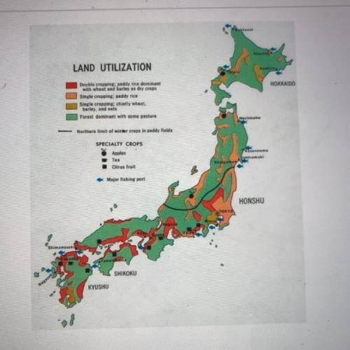 What conclusion about Japan's farmland can be made by studying the map?

A)
Japan is dominated by