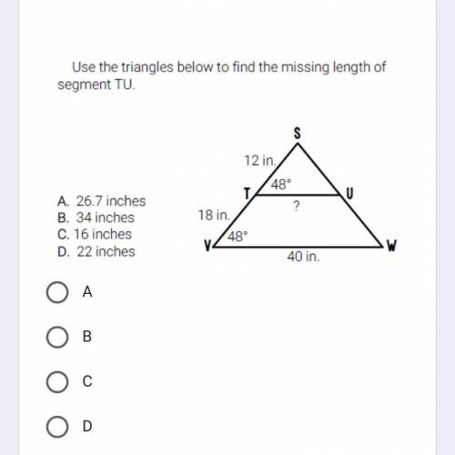 Use the triangles below to find the missing length of segment TU