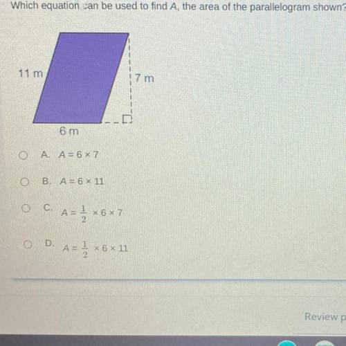 Which equation can be used to find A, the area of the parallelogram shown?
