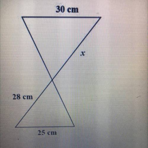 The two triangles are similar. What is the value of x ?

0 23.3 cm
O 33.6 cm
O 31.2 cm
26.8 cm