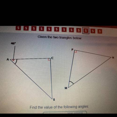 Given the two triangles below. Find the value of the following angles