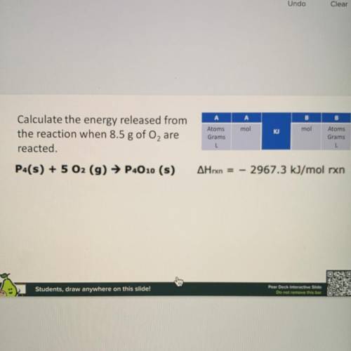 Calculate the energy released from the reaction when 8.5g of O2 are reacted