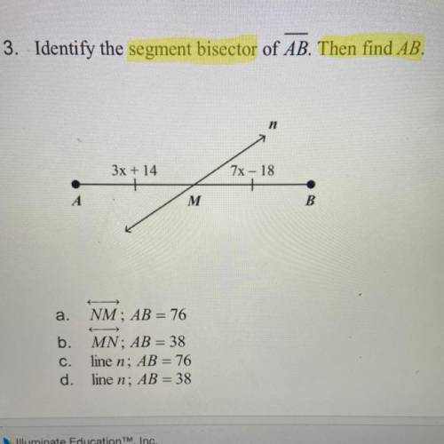 Identify the segment bisector of AB. Then find AB.