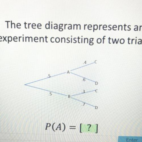 The tree diagram, please help me to find P(A)= _
Picture of question is attached, thank you