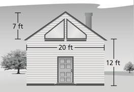 The side of a house is shown on the right. The house's two trapezoidal windows each measure 5 feet
